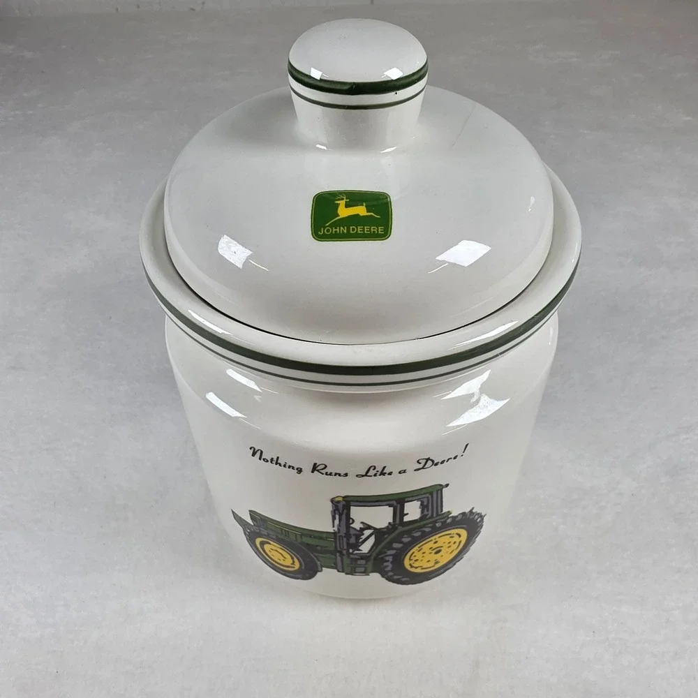 John Deere Gibson Ceramic CookieJar Nothing Runs Like a Deere Tractor WhiteGreen